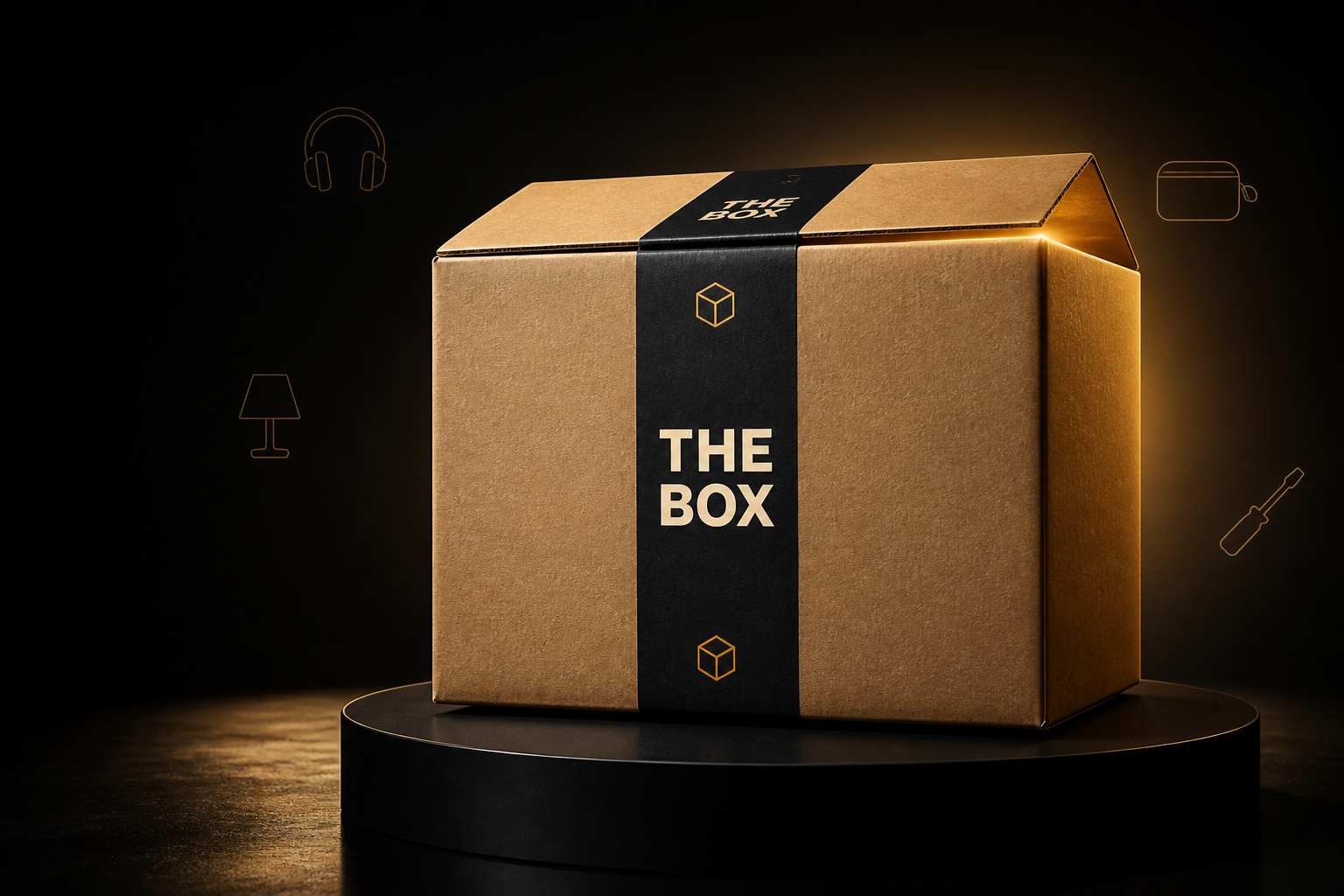 Kartonowe pudełko THE BOX z czarną taśmą i złotym światłem