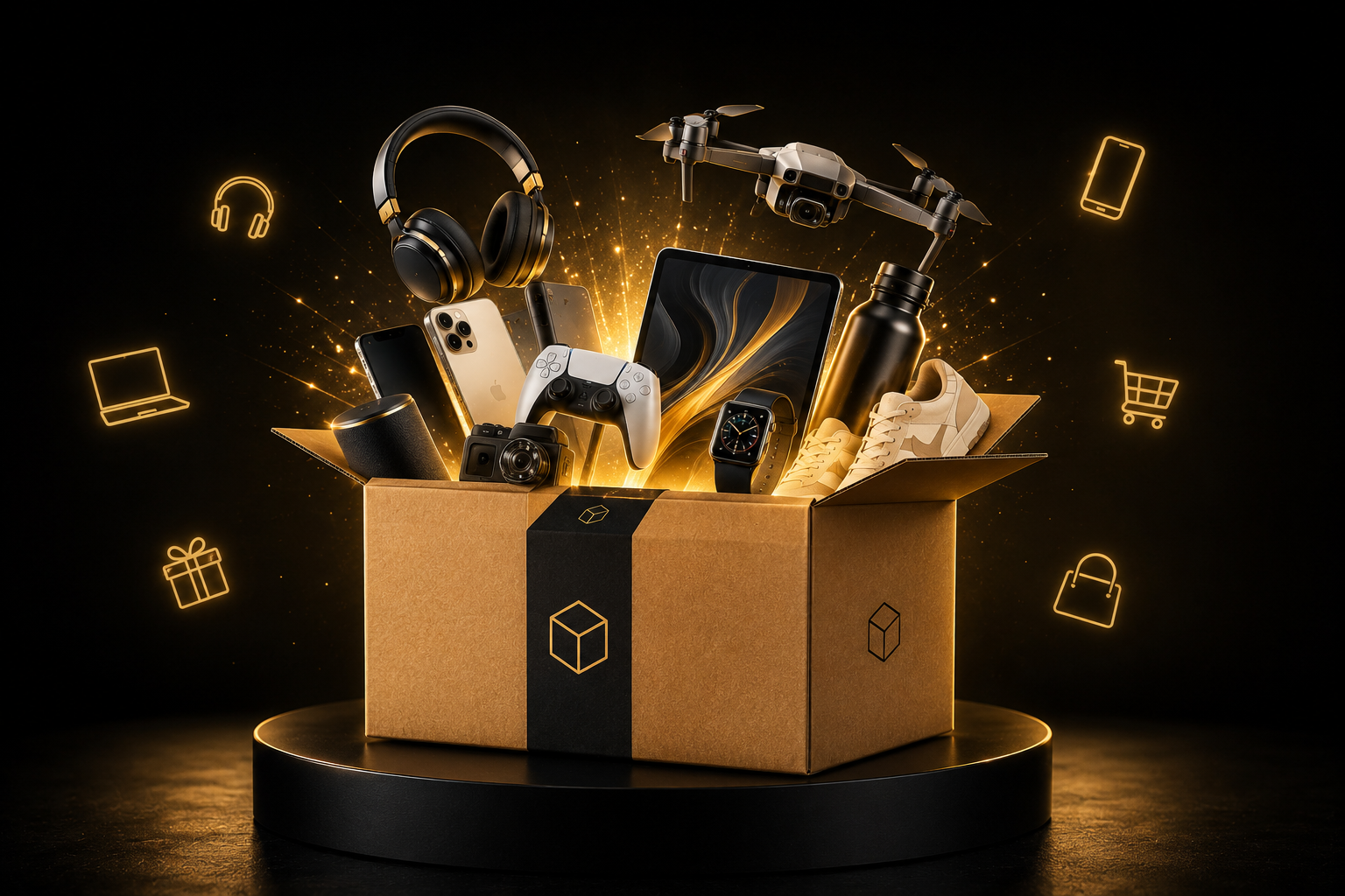 Otwarte pudełko THE BOX z ilustracyjnymi kategoriami produktów